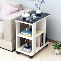 이동식 쇼파뒤테이블 소파뒤 바퀴달린책상 노트북 틈새 협탁, 조립식/60×30×55 따뜻한 화이트 + 블랙 유리