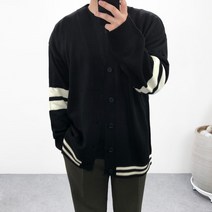 엠클로 남자 오버핏 빅사이즈 박스 라인 배색 니트 가디건 3컬러