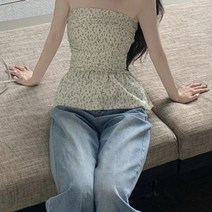 플라워 오프숄더 셔링 심플 캐주얼 슬림탑