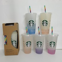 투명 변색컵 대용량 핸디컵 5p(1box), 무지개 빨대, 709ml