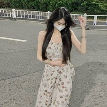 프랑스 스타일 빈티지 꽃 교수형 목 드레스 여성의 여름 장미 인쇄 라미 슬링 스커트 에어 페어리 드레스