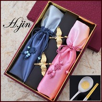 H.jin 장수 쌍학 비단 금수저세트 (1세트 2인용) 숟가락 2p + 젓가락 2p + 수저받침 2p + 비단주머니 2p + 한지 케이스, 1세트