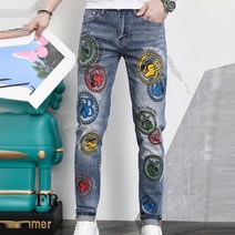 바지남자 2022 봄 여름 페인팅 트렌드 데님 청년 건달카리스마 슬림 약한탄력 스키니 긴바지 4999026804
