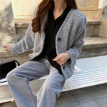 [VY] 여자 뽀글이 핑크 FW 덤블 V넥 단추 가디건