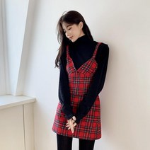 페미닌 펑키 레드체크 끈 뷔스티에 여성 출근룩 남방