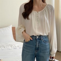 여자 퍼프 슬리브 루즈핏 나그랑 버튼 블라우스