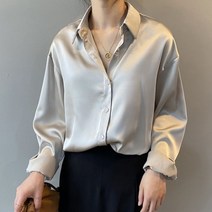 새틴블라우스 드레이프 블라우스 봄 카라 여성 셔츠 흰색 루즈핏 새틴 솔리드 캐주얼 버튼 실크 11355