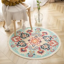 Poowe 라운드 면 러그 우븐 태슬 스로우 러그 세탁 가능한 부분 러그 거실 침실 주방 욕실용 (옐로우 & 블랙)