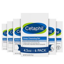 Cetaphil 딥 클렌징 페이스 앤 바디 바 무향 6개입 모든 피부용 팩 비누 저자극 파라벤 프리 메이크업 먼지 및 유분 제거, 4.5 Ounce (pack of 6)