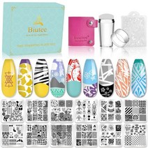 Biutee 네일 스탬핑 플레이트 아트 스탬퍼 키트 스탬프 템플릿 실리콘 젤리 스텐실 프린터 디자인 플라워 라인 프렌치 팁 도구 용품 스크레이퍼 보관 가방 상자 선물 세트 16 개, 15개 세트