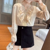 레이스브라우스 만격 기 할인점 상점 전문점 철수함 캐비닛 여성의류 브이넥 궁정풍 셔츠 4811662653, XL, 베이지칼라