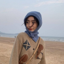 겨울 여성 투버튼 니트 후드 바라클라바 넥워머, 블루