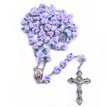 천주교성물 첫영성체선물 묵주 qigo christ jewelry red polymer 점토 장미 십자가 목걸이 긴 종교 기도 보석 남성 여성, 자주색