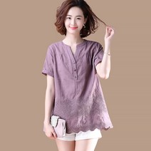 샵솔베이지 여성용 린넨 자수펀칭 박시핏 마 블라우스