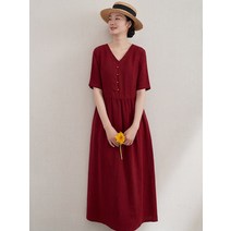 HQINT 비 -여름 v -Neck 펌프 짧은 단색 긴 치마면과 린넨 드레스 문학적 미니멀리스트 기질 ZA-242544