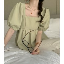 BANHANY 잔느 백리본 셔링 퍼프 스퀘어넥 반팔 블라우스 2color 22060304
