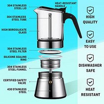 SIXAQUAE 모카 인덕션 스토브탑 에스프레소 메이커 크리스탈 글래스 탑 & 스테인리스 스틸 에스프레소 모카 포트 클래식 이탈리안 커피 메이커 240ml(6컵), 160ml