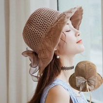 왕골 벙거지 모자 사파리 여름 리본 여자 썬캡 새틴 정글모자 성인 선캡 로맨틱 햇빛 나들이 패션잡화 밀짚 캡 여성