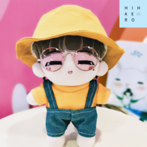 아이돌인형옷 20cm 모음 솜뭉치 인형 남자 여자 벙거지 바지 레드 치마 멜빵 맨투맨 셔츠 케이프 화가 메이드 세트, 20센티 인형 전용, 옐로 티셔츠+청 멜빵바지+벙거지+핑크 안경