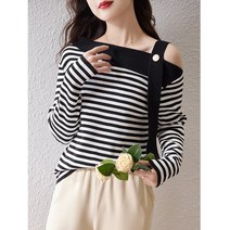Yanda 여성용 가을 스트라이프 오프숄더 긴팔 니트 스웨터