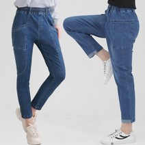 빅빅몰 [치즈 스판] 밴딩 배기 큰 포켓 데님 여성 배기 청바지 빅사이즈
