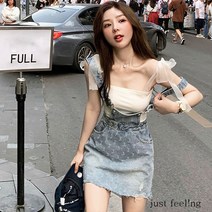 just feel!ng 여성 봄 여름 멜빵 청원피스 미니원피스 스커트 드레스 대학생 루즈핏 멜빵청치마