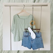 스퀘어넥 지지미 셔링 단추 블라우스티 GM