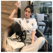 [PINK LITCHI]여성 봄신상 땡땡이 도트니트 반팔 니트티 반팔티 JJ