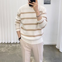 아도르클래식 4컬러 단가라 스트라이프 하찌 캐시미어 라운드 긴팔 니트