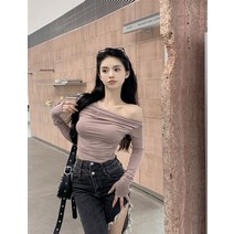 오픈숄더 스파이스 걸 스타일 킬러 비대칭 비스듬한 칼라 오프 숄더 니트 스웨터 여성 초가을 긴팔 티셔츠 얇은 섹션 롱 탑 어께트임