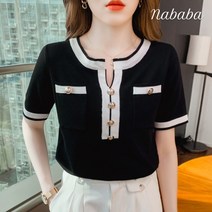 나바바 NK569 여성 배색 버튼 트임 라운드넥 반팔 니트티