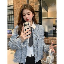 블루 트위드 작은 향수 코트 여성 봄과 가을 2022 초가을 라운드 넥 크롭 탑 데님 재킷 여성