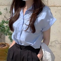 블라우스 봄 싱글 단추 루즈핏 라펠 와일드 반팔 셔츠 단색 상의 OL 여성 여성용