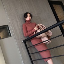 슬림니트원피스 겨울 가을 두꺼운 목폴라 이너 스웨터 여성 하프기장 무릎넘어 3734205449, 로즈레드 XL