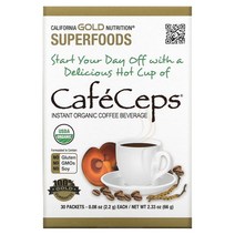 캘리포니아 골드 뉴트리션 CafeCeps 동충하초 및 영지버섯 분말이 함유된 인증 인스턴트 커피 30개입 개당 2.2g(0.08oz), 1개, 기본