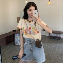귀여운 스타일 레인보우 서양식 프린트 티셔츠 여성용 스레드 슬리브 봄 유행