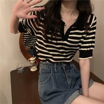 DFMEI.니트 반팔이에요.Knit short-sleeved.--스트라이프 반팔 니트 여 여름 디자인 오버핏 슬림해 보이는데 시크한 상의입니다.