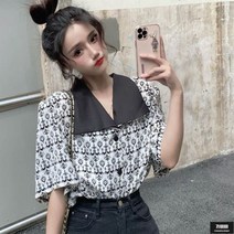 가바바 여성 빅사이즈 블라우스 유니크한 패턴의 왕퍼프 빅카라 배색 포인트 여름 블라우스 G62076