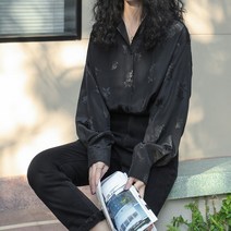 몬드스팟 빈티지 광택 꽃무늬 셔츠 블라우스 블랙 L DM195_7