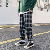 패션 레트로 심플 베이직 흑백 체크 무늬 드레이프 얇은 루즈한 스트레이트 캐주얼 팬츠