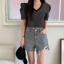 코지 힙한 어깨 포인트 셔링 단가라 크롭 반팔티