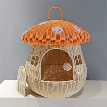 고양이 라탄하우스 폐쇄 외출 집 이중 목적 애완 동물 둥지 등나무 귀여운 고양이와 개 안티 버섯, with cushion-orange
