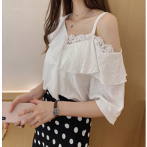 언발란스 프릴 레이스 어깨 트임 블라우스