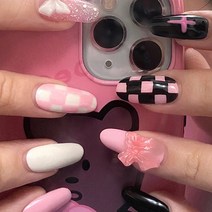 떨샵 키치 핑크블랙 체크 하이틴 리본네일팁 붙이는 인조손톱, 2개, NAIL-N315