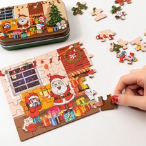 [문구티쳐] 민화샵 크리스마스 틴케이스 퍼즐 60pcs 3종 (휴대용퍼즐 레드학교/블루마을/그린우리집), 민화 크리스마스 틴케이스 퍼즐_블루마을