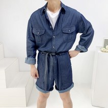 남자 봄 여름 린넨 워크웨어 포켓 벨트 긴팔 반바지 진청 흑청 데님 오버롤 점프수트