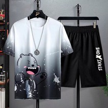 티셔츠 개성 디자인 그라디언트 정장 남성용 반팔 여름 캐주얼 반바지 스포츠 투피스