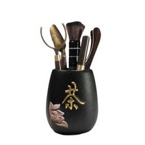 설백상점 다도 집게 핀셋 세트 찻잎 찻잔 양조 도구 흑단 나무, 연꽃 + 6종 세트 + 대형 홍차캔 + 수건