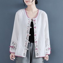자수가디건 2021빈티지 자수 단추 아사면 셔츠여성 가을 중국스타일 참선 옷 루즈핏 라운드넥 외투상의