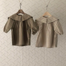 돌 아기 유아동 키즈 베이비 봄 가을 여자 아이 둥이룩 자매룩 베이지색 카키색 세로 줄무늬 스트라이프 퍼프 소매 빅 카라 북유럽 얇은 긴 팔 공주 원피스 오늘 출발